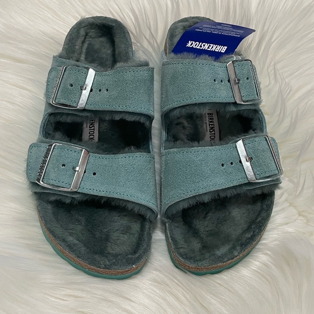 Birkenstock Arizona Shearling Lined Women Sandal Size 6 (37) In Beryl (Green)